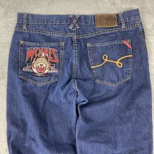Vtg Lifted Research Group Jeans Mens 36x30.5 Blue Wolf Embroidered Y2K Baggy LRG